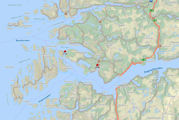 Kart Ytre Bø i Hyllestad